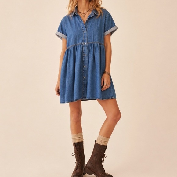 None Dresses & Skirts - Babydoll Denim Mini Shirt Dress Tiered Short Sleeve Large Blue Boho Western 90s